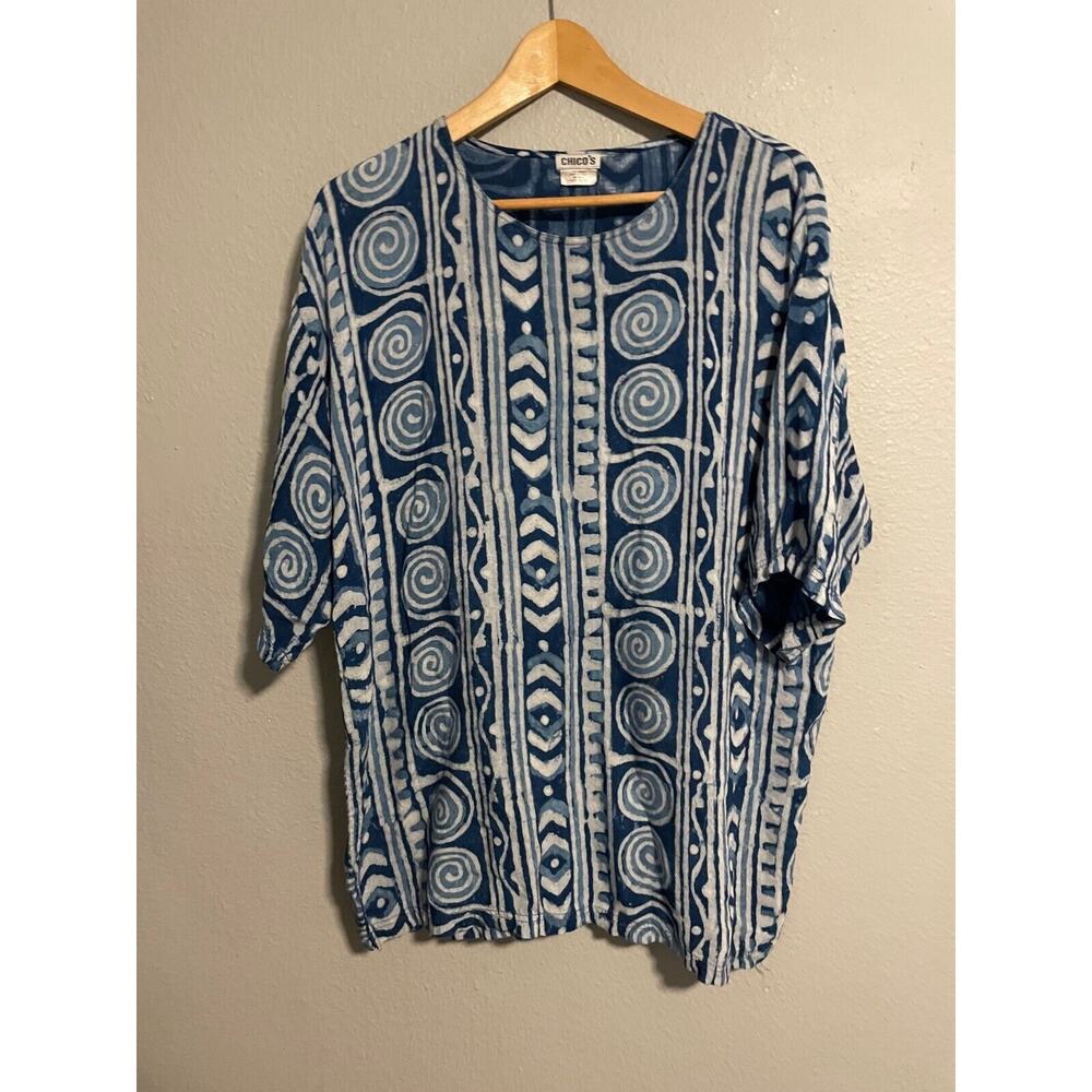 Vintage Chicos Women Tunic Size 3 US XL Blue Rayon Abstract Sheer Artsy Boho Y2K